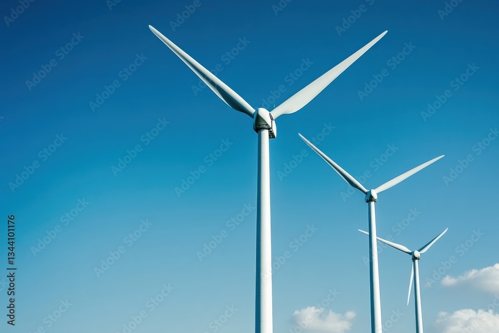 Three Modern Wind Turbines Against a Clear Blue Sky Three Modern Wind Turbines Against a Clear Blue Sky