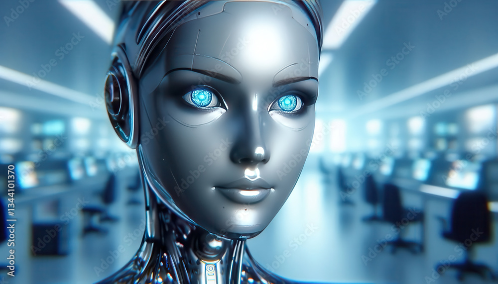 An artificially created organism that imitates the appearance of a human with a female face. The concept of future and present robotics technologies. An artificially created organism that imitates the appearance of a human with a female face. The concept of future and present robotics technologies.