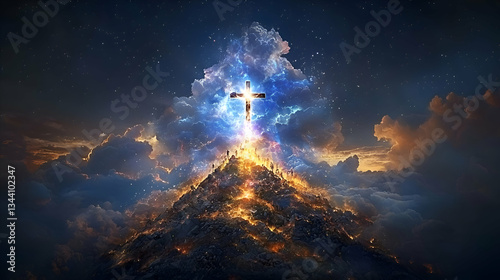 Ethereal Cross Illuminated by Cosmic Light Against a Stunning Cloudy Background at Sunset
