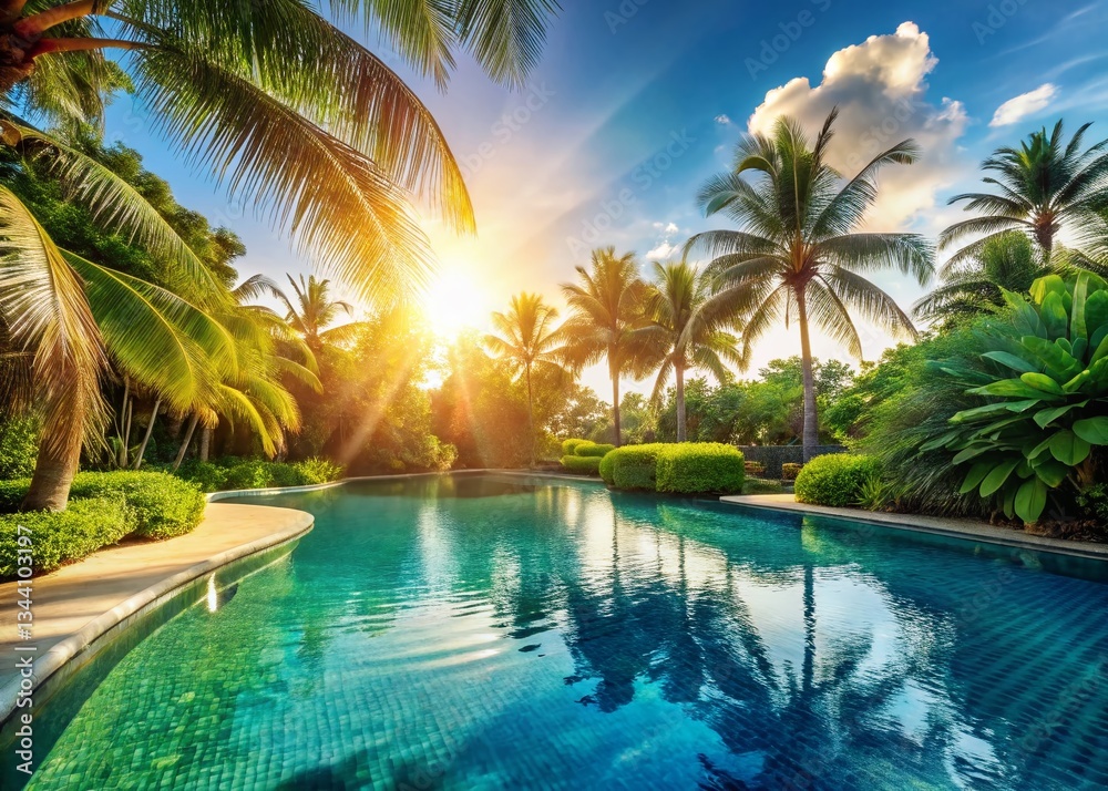 Fototapeta premium Luxurious Tropical Resort Swimming Pool with Palm Trees and Clear Blue Water