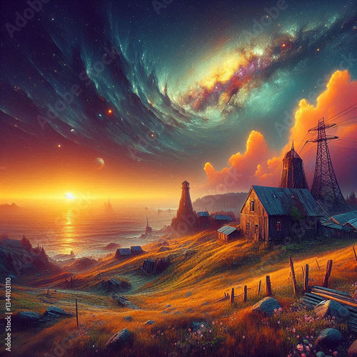 A Tranquil Sunset Casting Light Over an Enchanting Landscape  photo