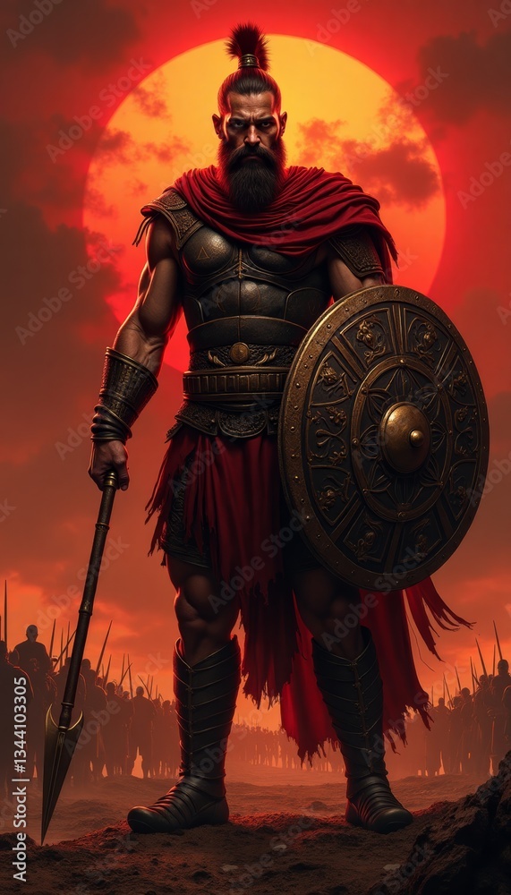 Fototapeta premium Ares, Greek god of war, stands tall, holding spear and shield. His muscular physique and fierce expression radiate dominance. Surrounded by fiery red sunset. Strength and conflict. Mythology, history