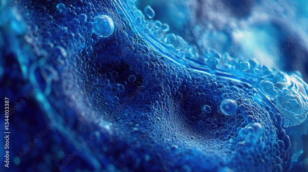 Fototapeta premium Close-up view of vibrant blue liquid with bubbles, creating an abstract texture, ideal for backgrounds or designs