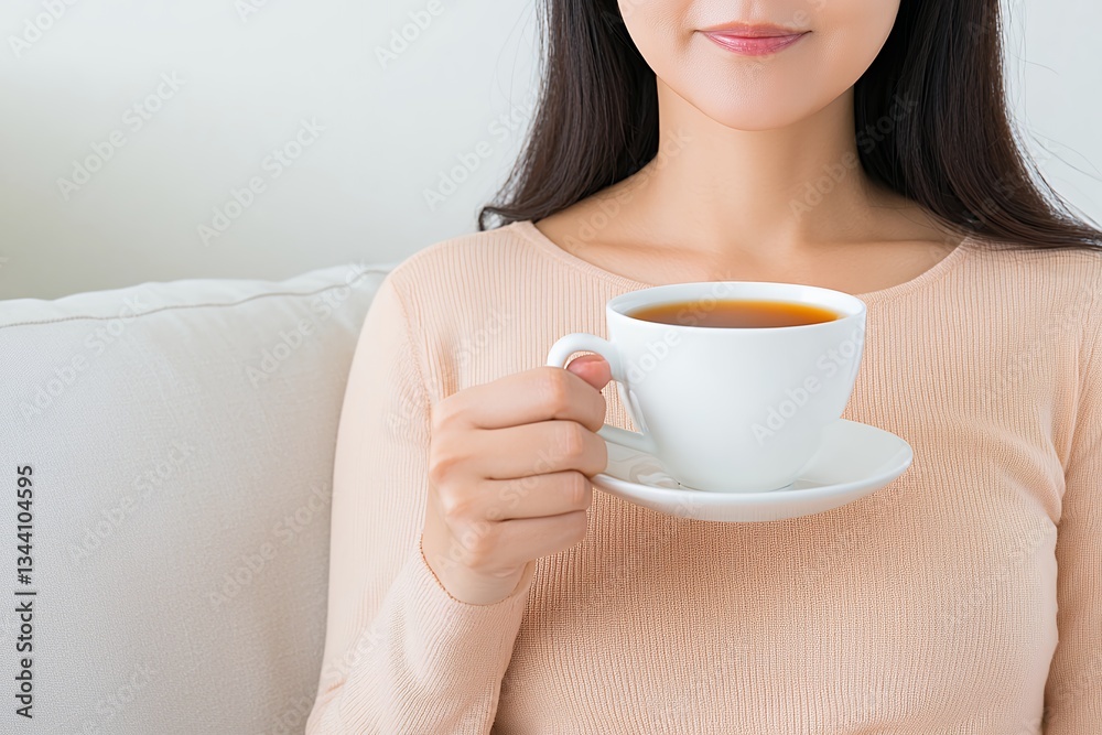 Woman Enjoying Tea in a Cozy Setting Woman Enjoying Tea in a Cozy Setting