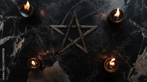 Dark altar with satanic obsidian pentagram and occult candles