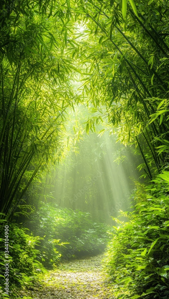 Obraz premium A serene pathway through a lush bamboo forest illuminated by soft rays of sunlight, creating a tranquil and inviting atmosphere.