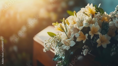 Elegant floral arrangement atop a wooden casket, illuminated by soft sunlight in a serene funeral setting
