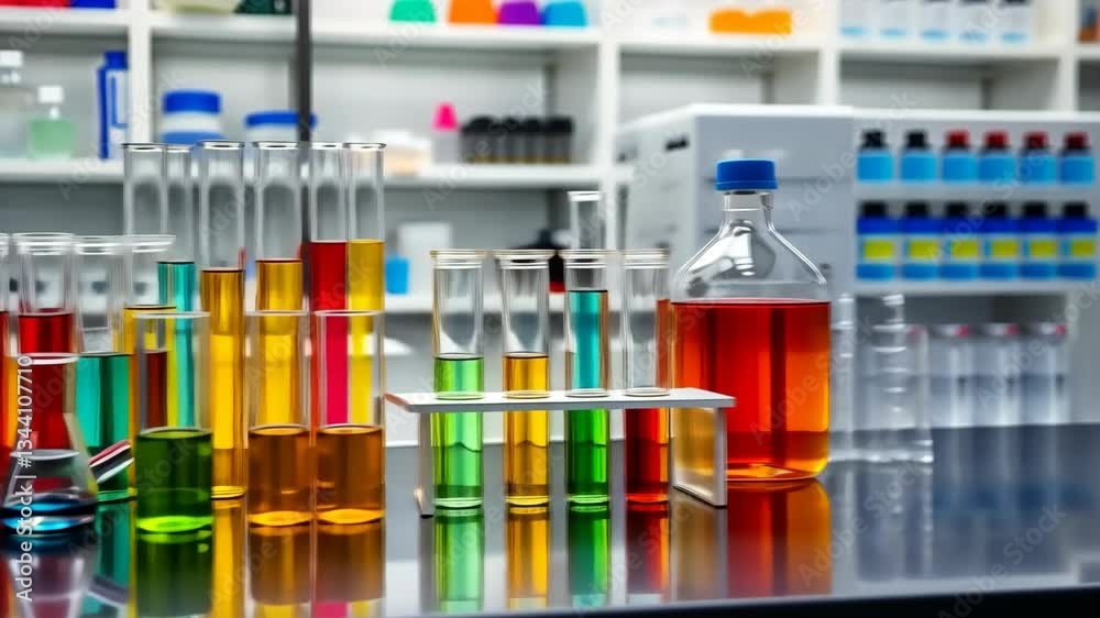 Vibrant Colored Liquids in Test Tubes and Flasks in a Modern Laboratory Setting Vibrant Colored Liquids in Test Tubes and Flasks in a Modern Laboratory Setting