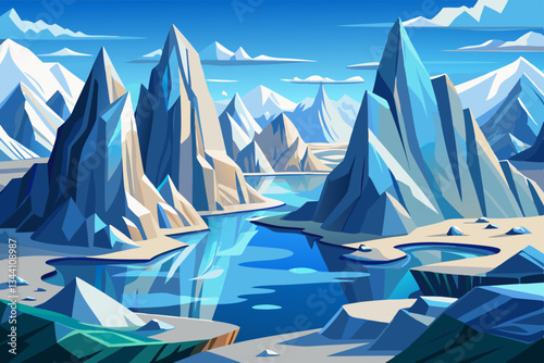 iceberg mountains with lakes and beautiful sky vector cartoon