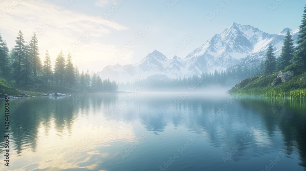 Peaceful Landscape with Foggy Lake and Sunrise Glow Peaceful Landscape with Foggy Lake and Sunrise Glow