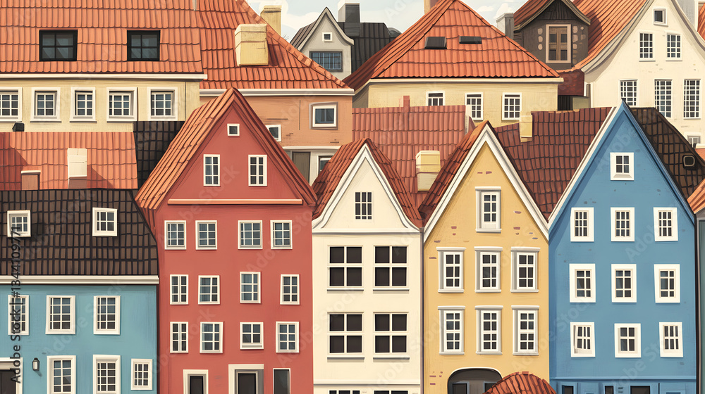 Fototapeta premium Professional Seamless Pattern of Scandinavian Houses in Cartoon Vector Style