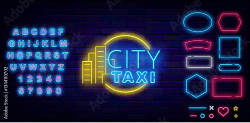 City taxi neon label. Public auto transportation. Shiny blue alphabet. Vector stock illustration