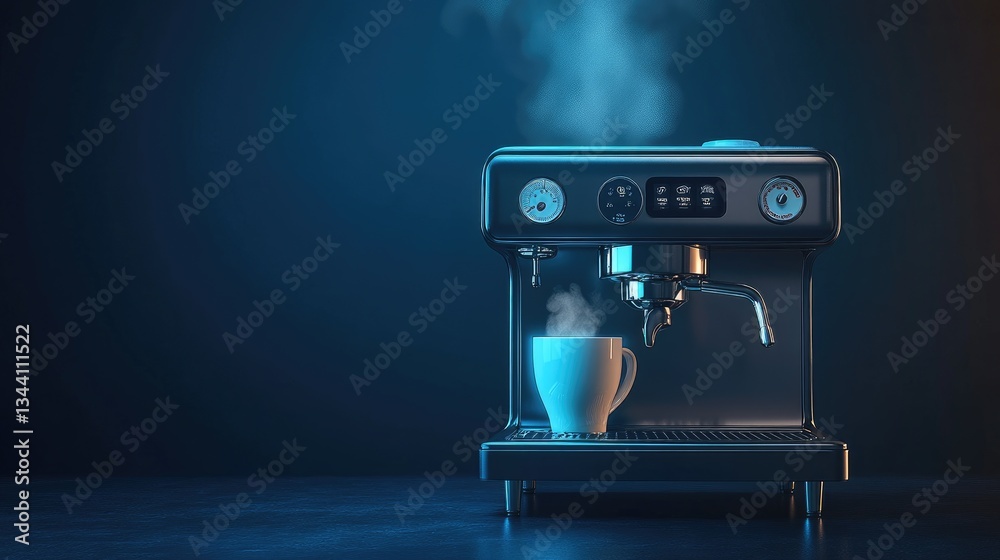 Naklejka premium Professional-grade cappuccino machine with milk steaming wand on a midnight blue background