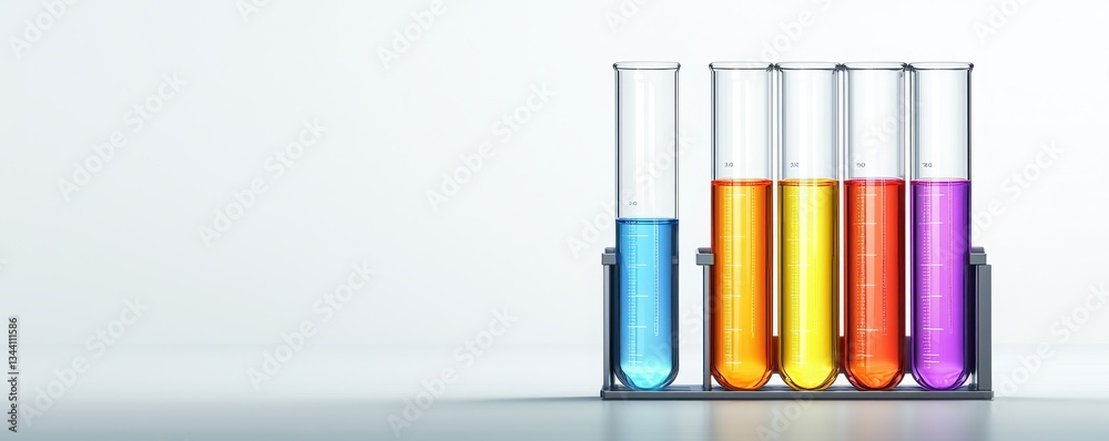A set of five test tubes filled with vibrant colored liquids, arranged neatly on a white background, showcasing a scientific theme. A set of five test tubes filled with vibrant colored liquids, arranged neatly on a white background, showcasing a scientific theme.