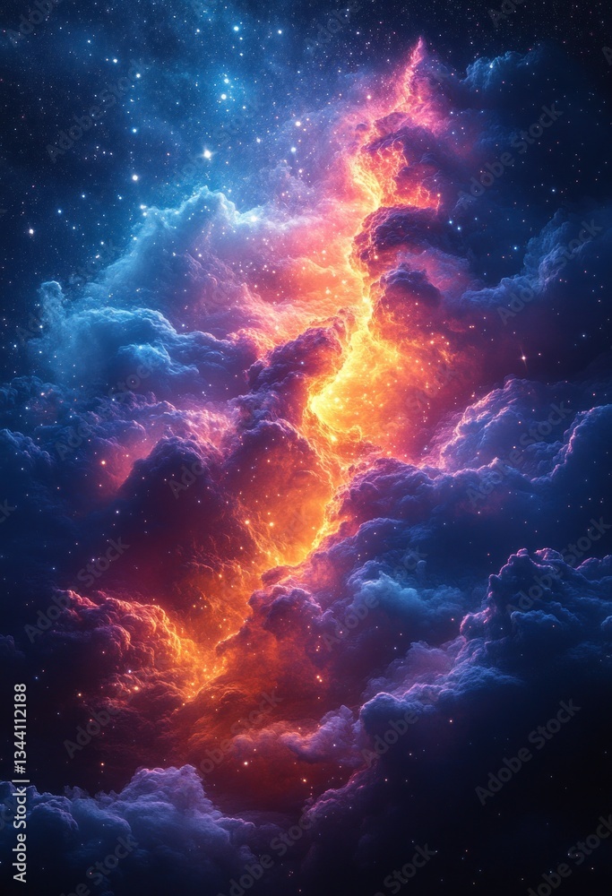 Obraz premium Vibrant Cosmic Nebula and Stars in a Glowing Mysterious Universe Deep Space Illustration