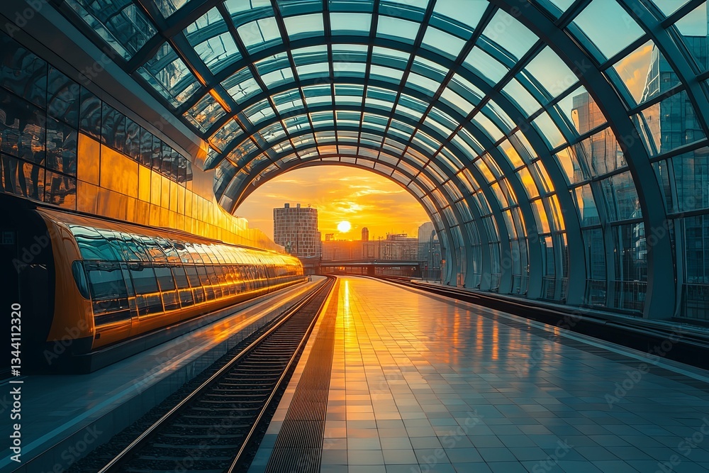 A modern train station platform bathed in beautiful golden sunlight A modern train station platform bathed in beautiful golden sunlight