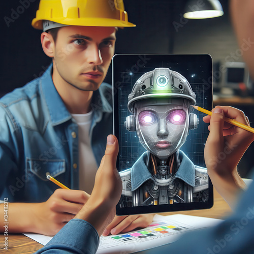 Design and construction of android robot, engineer designs on pc on tablet. Concept of future and present robotics technologies.