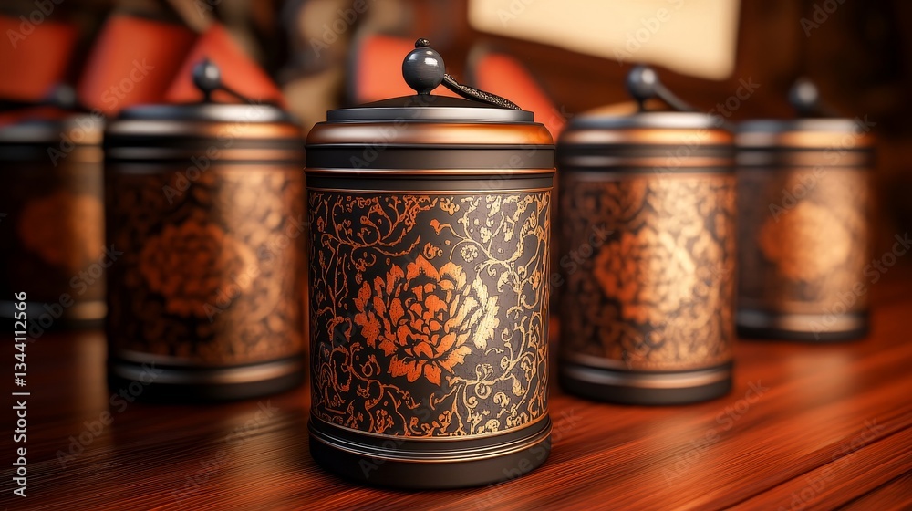 Decorative canisters with intricate designs on a wooden table in a cozy, warm setting Decorative canisters with intricate designs on a wooden table in a cozy, warm setting