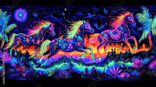 Electric Equine: A Vibrant Neon Horse Parade in a Tropical Nightscape