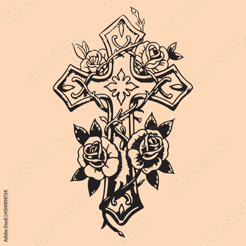 black and white tattoo design of Jesus Christ and God Cross