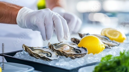 Chef delicately garnishing fresh oysters with lemon and herb on a stylish serving tray photo