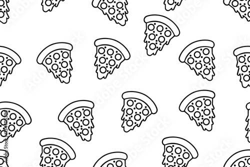 Black Outline Pizza Slice Seamless Vector Pattern on White Background