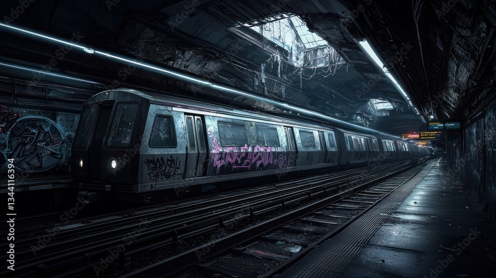 Graffiti Train in Desolate Subway Station Graffiti Train in Desolate Subway Station