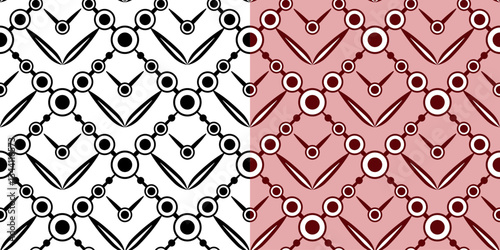 Mosaic square tile of black circles and petals. Monochrome abstract geometric seamless pattern. Complicated texture black and white background. Clear strict ornament for web, textile, etc.