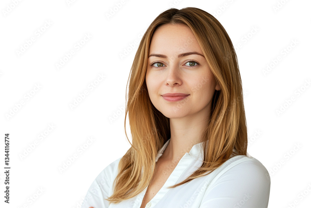 A confident young woman with long blonde hair, radiating poise and professionalism against a clean white background. A confident young woman with long blonde hair, radiating poise and professionalism against a clean white background.
