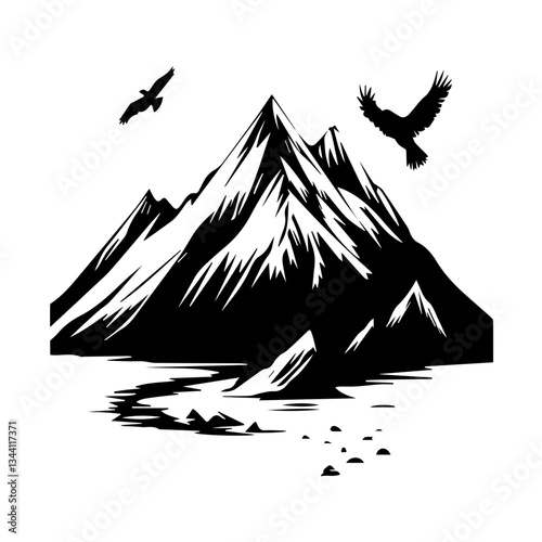 Mountain Peaks with Eagles Flying Above Silhouette