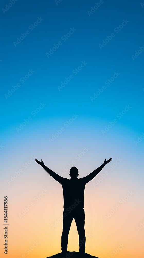 Silhouette of man with raised arms against vibrant blue and orange sunset sky, standing on hill expressing freedom, achievement and life success. Silhouette of man with raised arms against vibrant blue and orange sunset sky, standing on hill expressing freedom, achievement and life success.