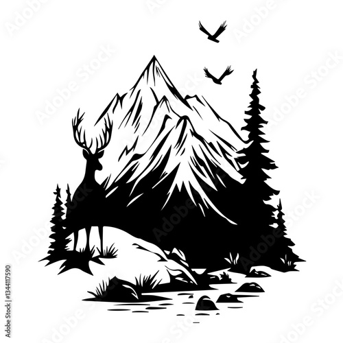 Mountain Peaks with Eagles Flying Above Silhouette