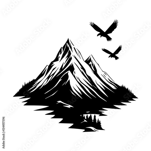 Mountain Peaks with Eagles Flying Above Silhouette