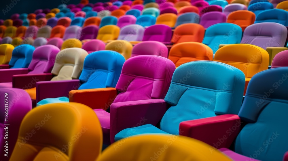 Fototapeta premium Bright and Inviting Colorful Chairs Awaiting Audience in Empty Auditorium