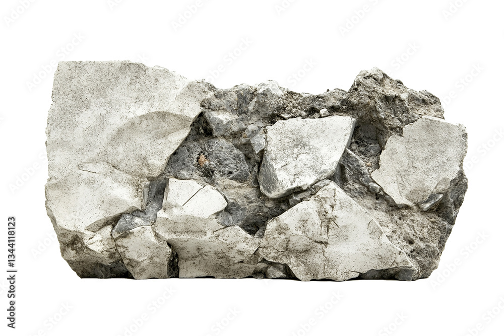 A shattered concrete fragment, a stark testament to time's relentless erosion, showing textures of decay and resilience against a clean white background. A shattered concrete fragment, a stark testament to time's relentless erosion, showing textures of decay and resilience against a clean white background.