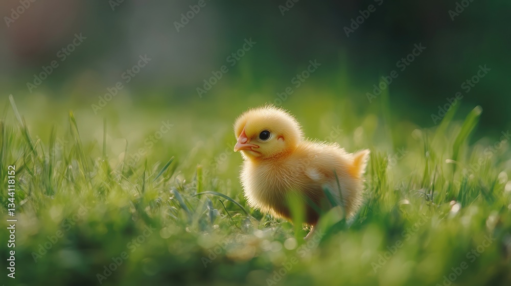A cute, fluffy chick exploring a vibrant green meadow under soft sunlight, symbolizing new beginnings and nature A cute, fluffy chick exploring a vibrant green meadow under soft sunlight, symbolizing new beginnings and nature