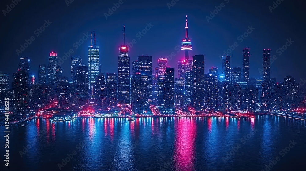 Fototapeta premium Nighttime skyline of a vibrant city reflecting colorful lights on water