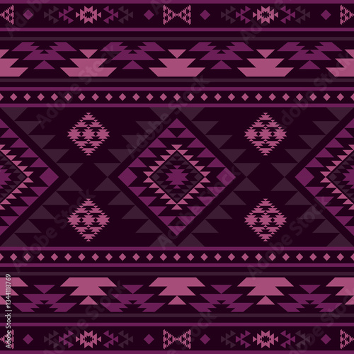 Aztec Navajo tribal Native American geometric seamless pattern. Colorful ethnic design for fabric, textile, blanket, rug, carpet, and fashion.