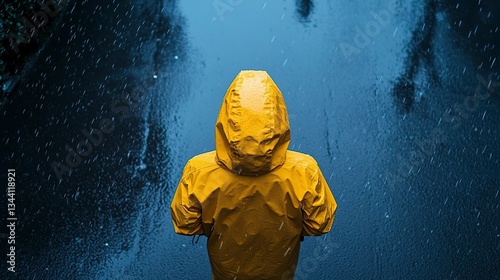Walking through a rainy street wearing a bright yellow raincoat under a cloudy sky