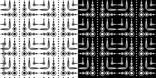Monochrome abstract geometric seamless pattern. Black circle and curved lines. Mosaic square tile. Complicated texture black and white background. Clear strict ornament for web, textile, etc.