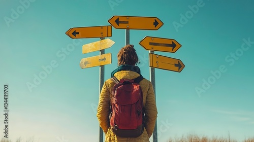 Person contemplating choices while standing among multiple road signs in a sunny outdoor setting