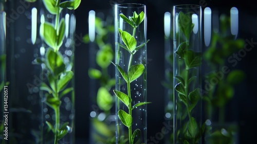Glowing Plants in Test Tubes Showcasing Biotechnological Research and Innovation photo