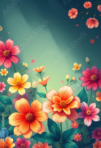 Colorful Floral Illustration: Vibrant Nature Design with Blooming Flowers and Botanical Art