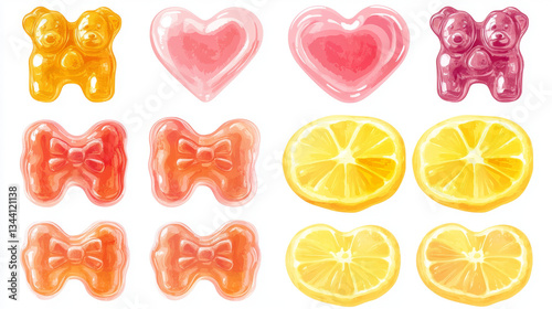 Gummy candy collection with orange bear, pink heart and yellow citrus shapes. Realistic 3d glossy texture and shiny surface with soft shadows. Translucent sweet jelly or marmalade confectionery set. photo