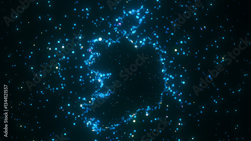 Futuristic digital visualization of Ireland map composed of glowing blue particles. The abstract cosmic design gives a sci-fi atmosphere with a modern and technological feel.