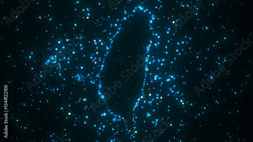 Futuristic digital visualization of Taiwan map composed of glowing blue particles. The abstract cosmic design gives a sci-fi atmosphere with a modern and technological feel.