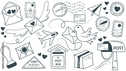 Doodle set of illustrations on topic of postal items. Ink sketch mailbox, letter, postal sticker, stamp, airplane, parcel and more. Clip art hand drawn icons sending mail, vector graphics