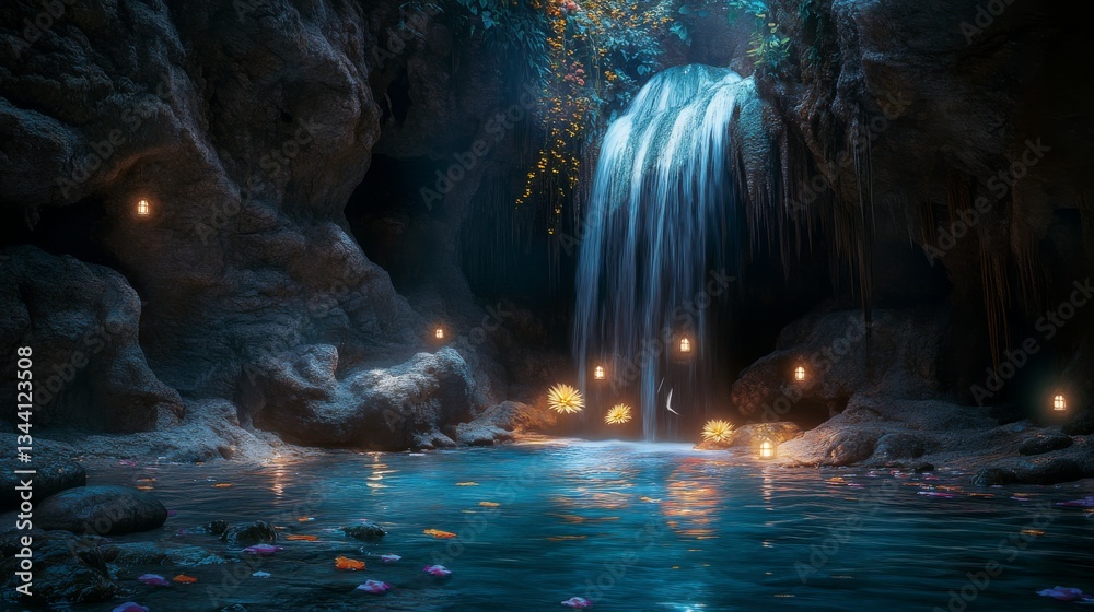 Naklejka premium a waterfall inside of a rocky sandy cave with crystal-clear water flowing into a glowing bond at night (a white sun launcher) (lanterns) (beautiful tropical colorful flowers) (amazing lighting)