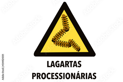 Warning sign with processionary caterpillars, danger alert, urticating hairs, vector panel in Portuguese  photo