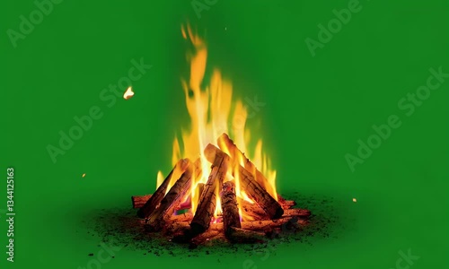 Green screen close-up of a campfire with intense flames and glowing embers on a bright green background for editing